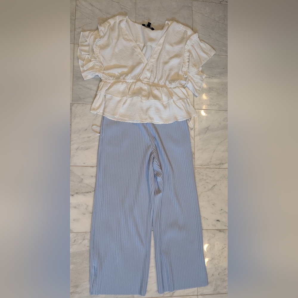 Women's White and Light Blue Pants Set